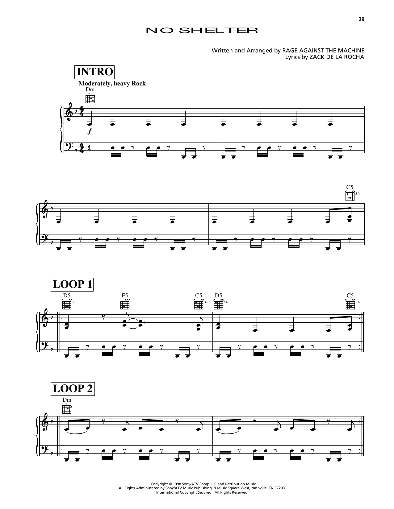 Rage Against The Machine No Shelter (from Godzilla) Sheet Music Notes & Chords for Piano, Vocal & Guitar Chords (Right-Hand Melody) - Download or Print PDF