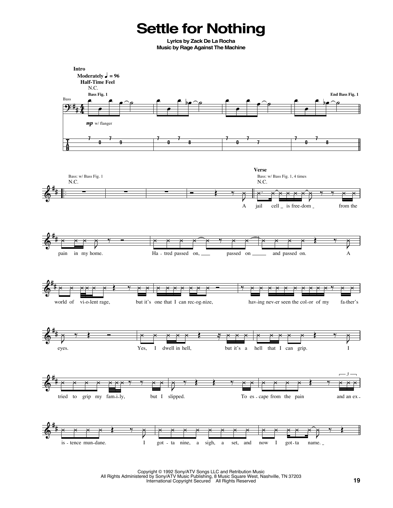 Rage Against The Machine Settle For Nothing Sheet Music Notes & Chords for Bass Guitar Tab - Download or Print PDF