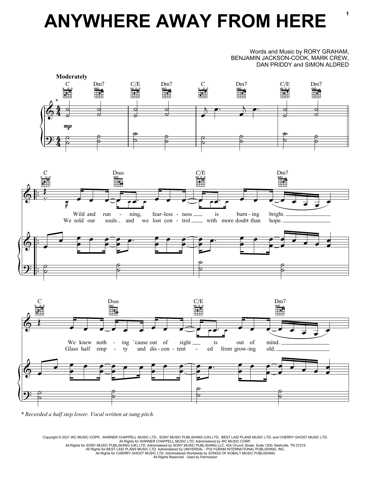 Rag'n'Bone Man & P!nk Anywhere Away From Here Sheet Music Notes & Chords for Piano, Vocal & Guitar (Right-Hand Melody) - Download or Print PDF