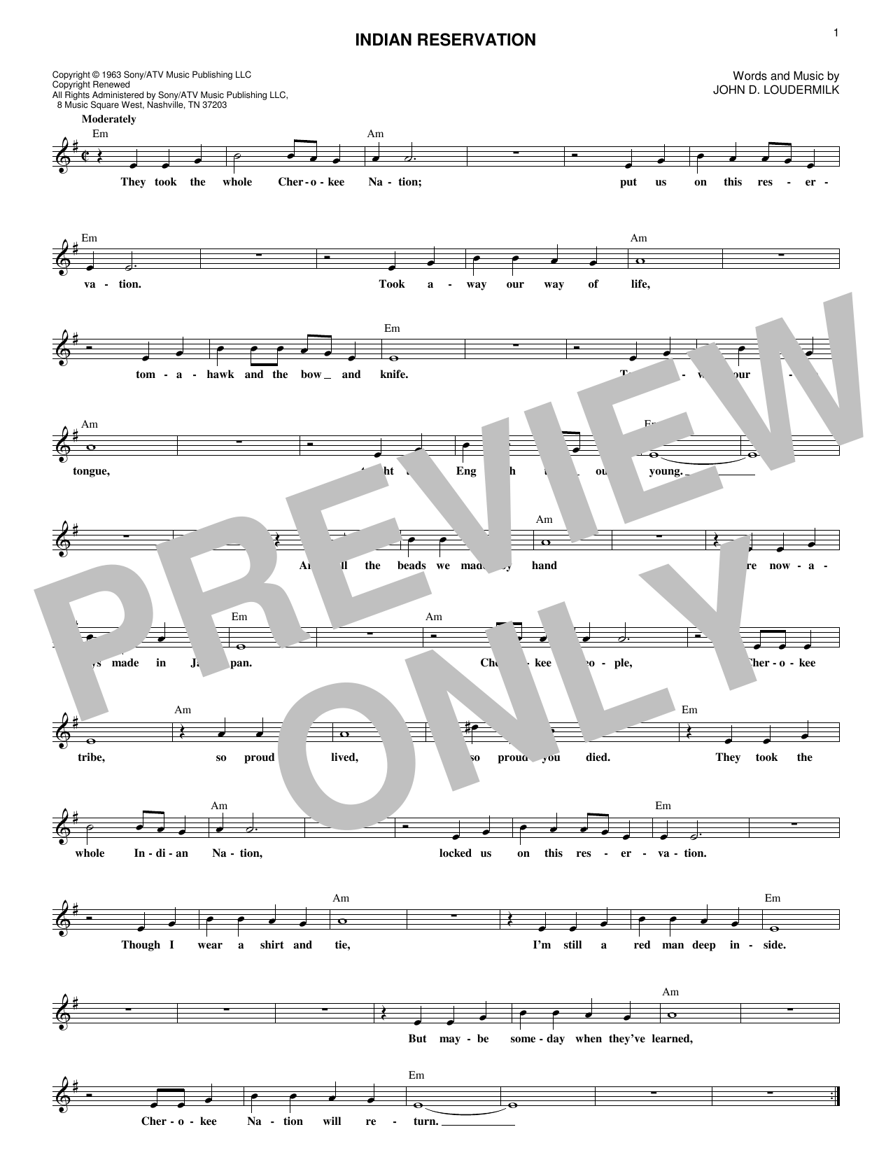 Raiders Indian Reservation Sheet Music Notes & Chords for Melody Line, Lyrics & Chords - Download or Print PDF