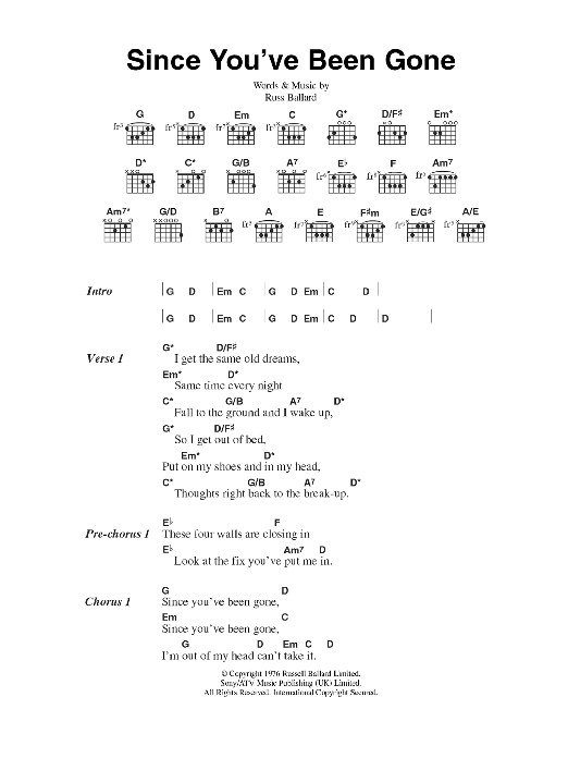 Rainbow Since You've Been Gone Sheet Music Notes & Chords for Easy Guitar Tab - Download or Print PDF