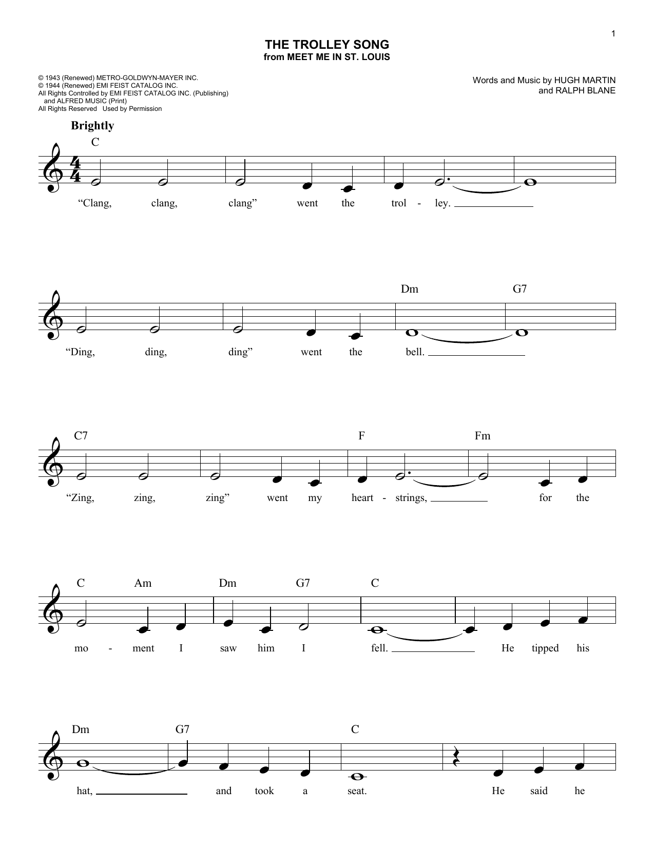 Ralph Blane The Trolley Song Sheet Music Notes & Chords for Melody Line, Lyrics & Chords - Download or Print PDF