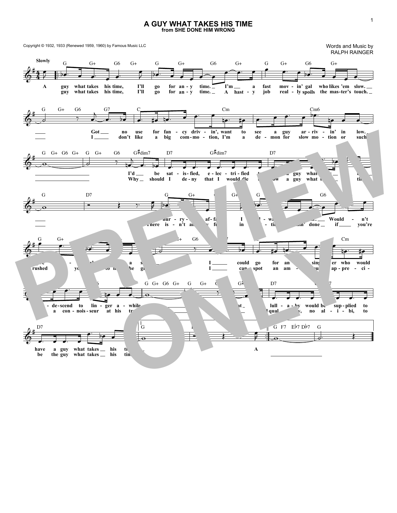 Ralph Rainger A Guy What Takes His Time Sheet Music Notes & Chords for Melody Line, Lyrics & Chords - Download or Print PDF