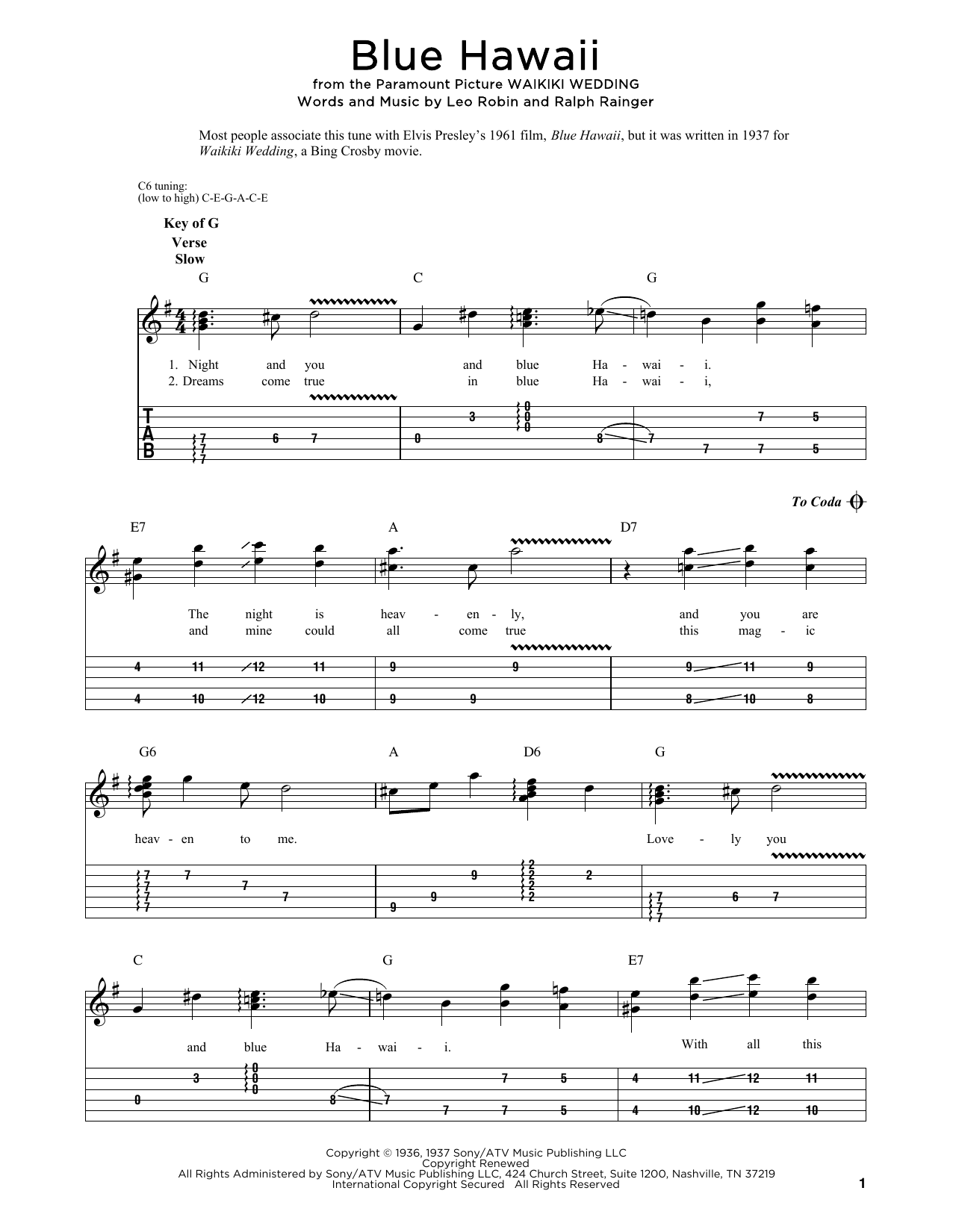 Ralph Rainger Blue Hawaii Sheet Music Notes & Chords for Dobro - Download or Print PDF