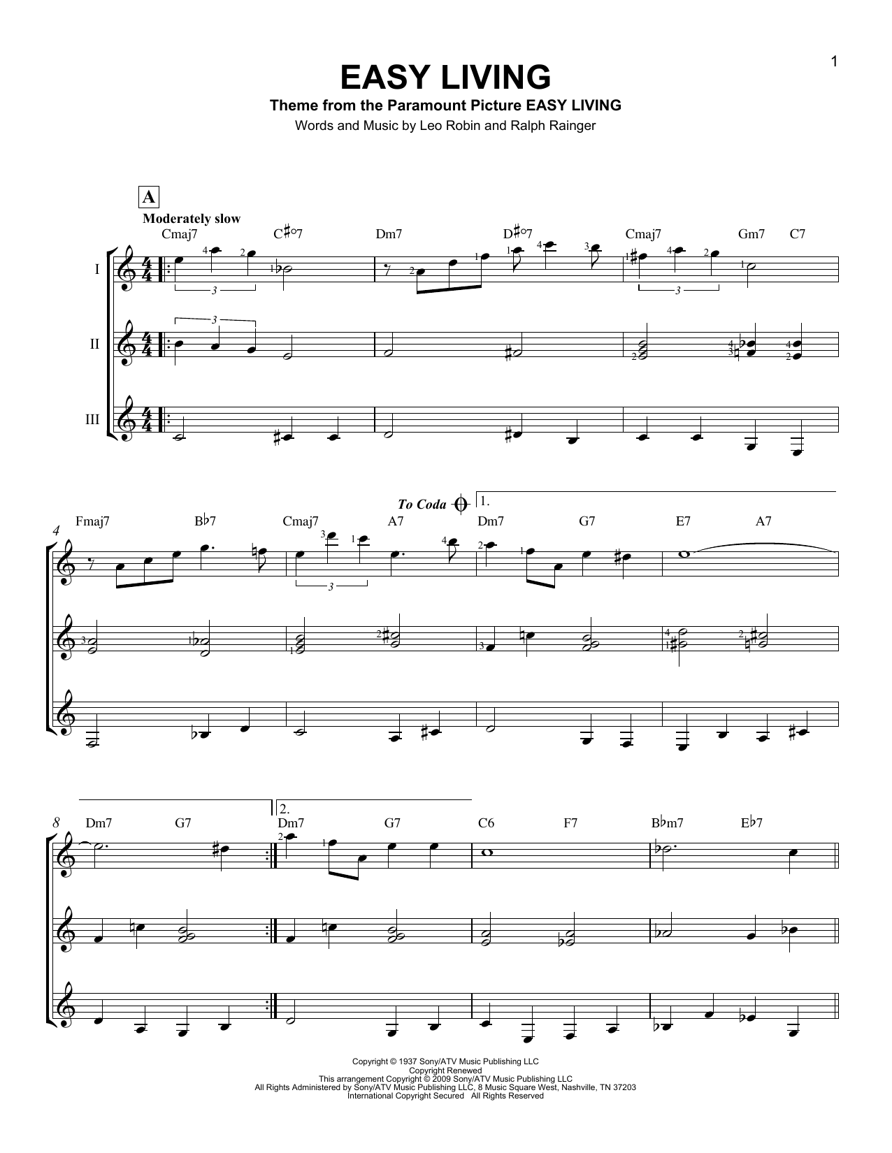 Ralph Rainger Easy Living Sheet Music Notes & Chords for Guitar Ensemble - Download or Print PDF