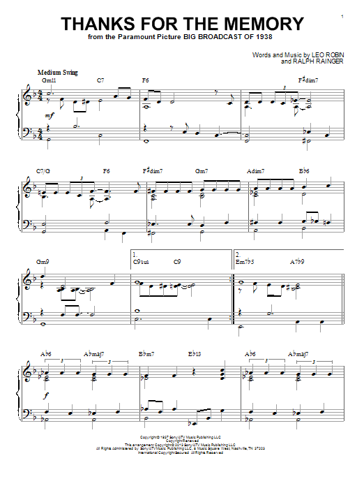 Ralph Rainger Thanks For The Memory (arr. Brent Edstrom) Sheet Music Notes & Chords for Piano - Download or Print PDF