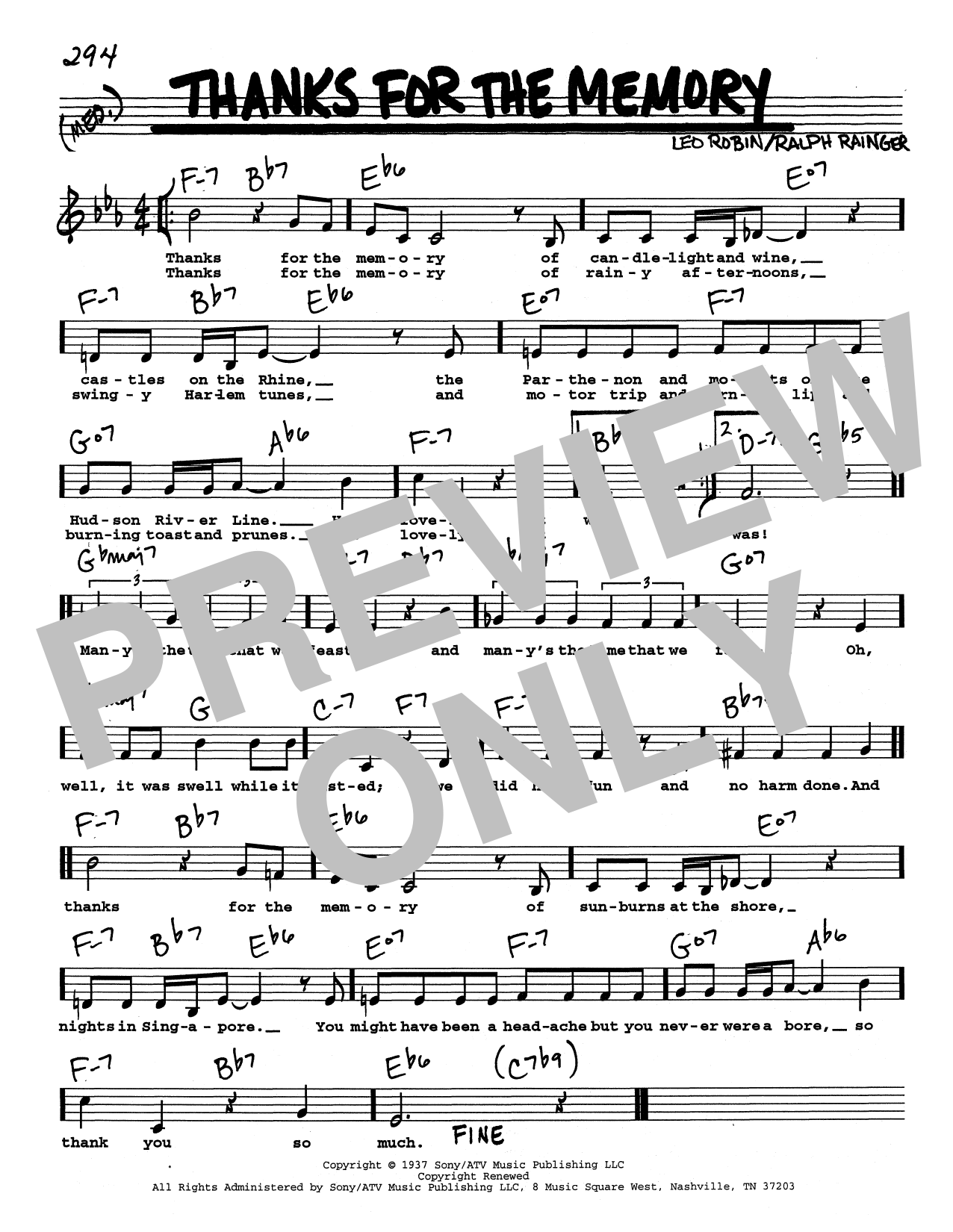 Ralph Rainger Thanks For The Memory (Low Voice) Sheet Music Notes & Chords for Real Book – Melody, Lyrics & Chords - Download or Print PDF