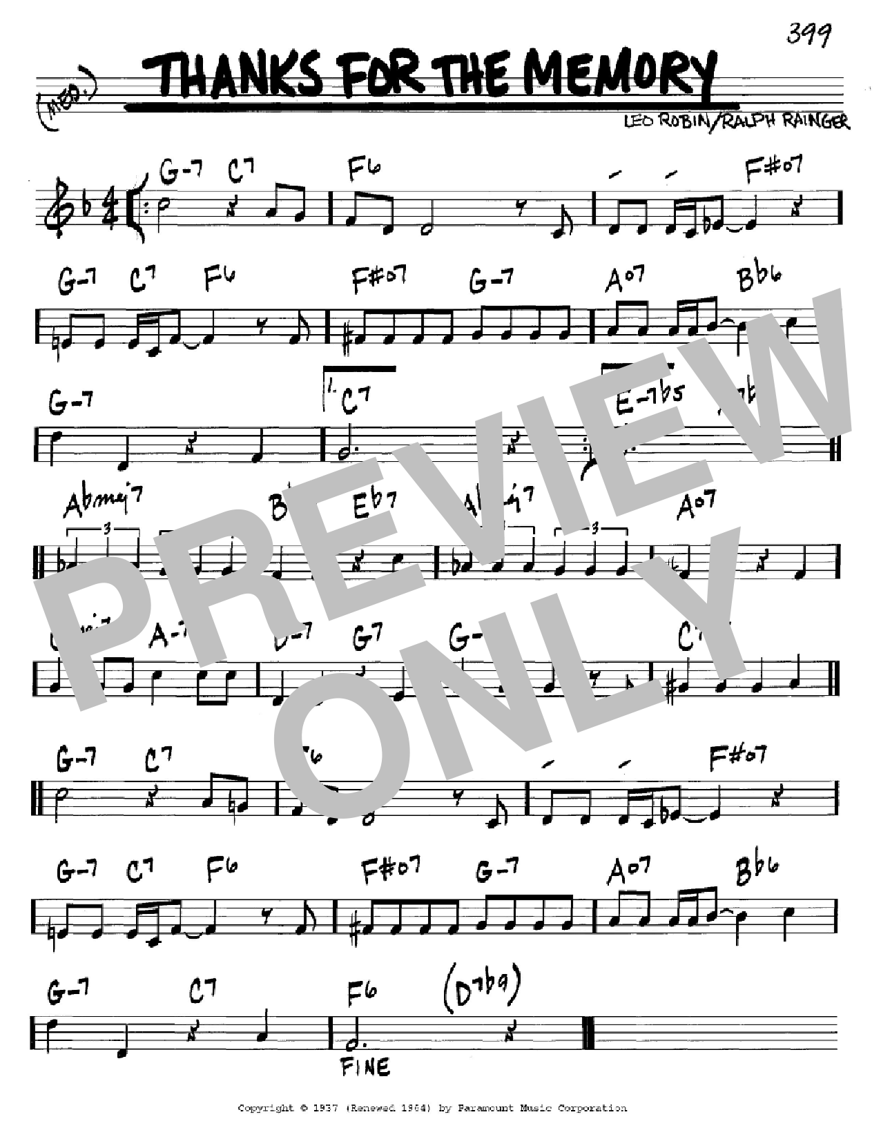 Ralph Rainger Thanks For The Memory Sheet Music Notes & Chords for Real Book - Melody & Chords - Eb Instruments - Download or Print PDF