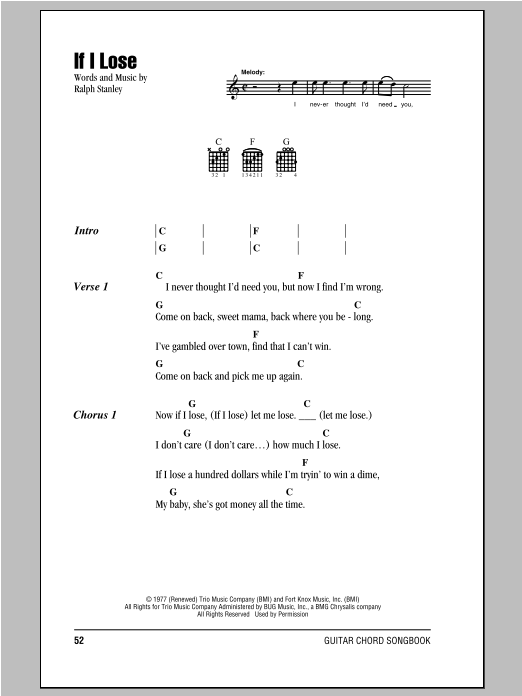 Ralph Stanley If I Lose Sheet Music Notes & Chords for Piano, Vocal & Guitar (Right-Hand Melody) - Download or Print PDF