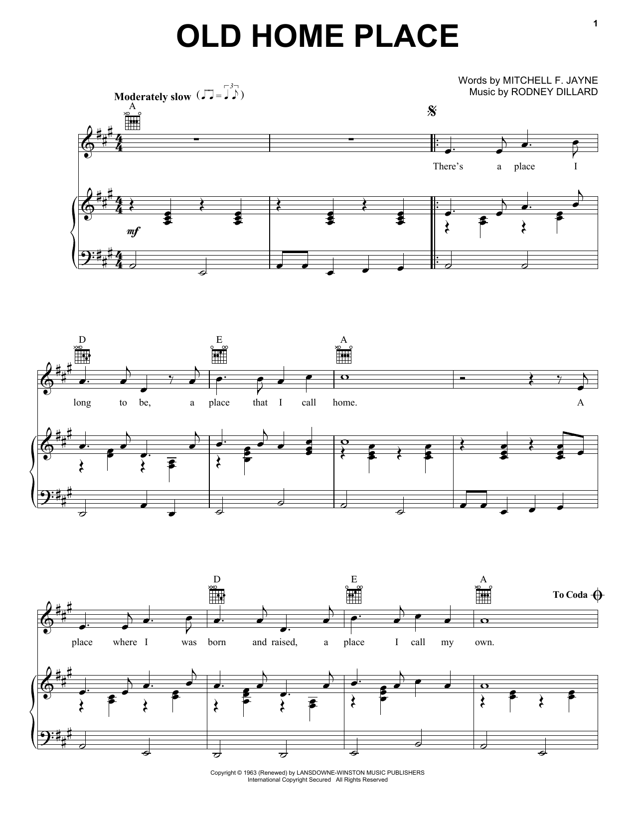 Ralph Stanley Old Home Place Sheet Music Notes & Chords for Piano, Vocal & Guitar (Right-Hand Melody) - Download or Print PDF