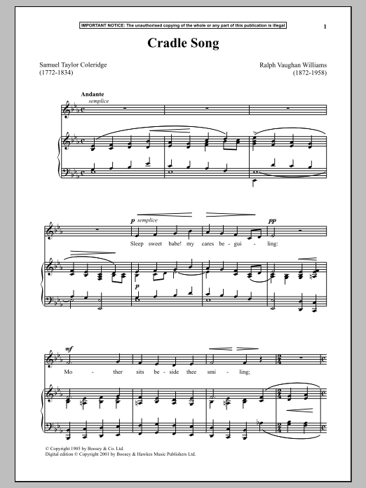 Ralph Vaughan Williams Cradle Song Sheet Music Notes & Chords for Piano & Vocal - Download or Print PDF