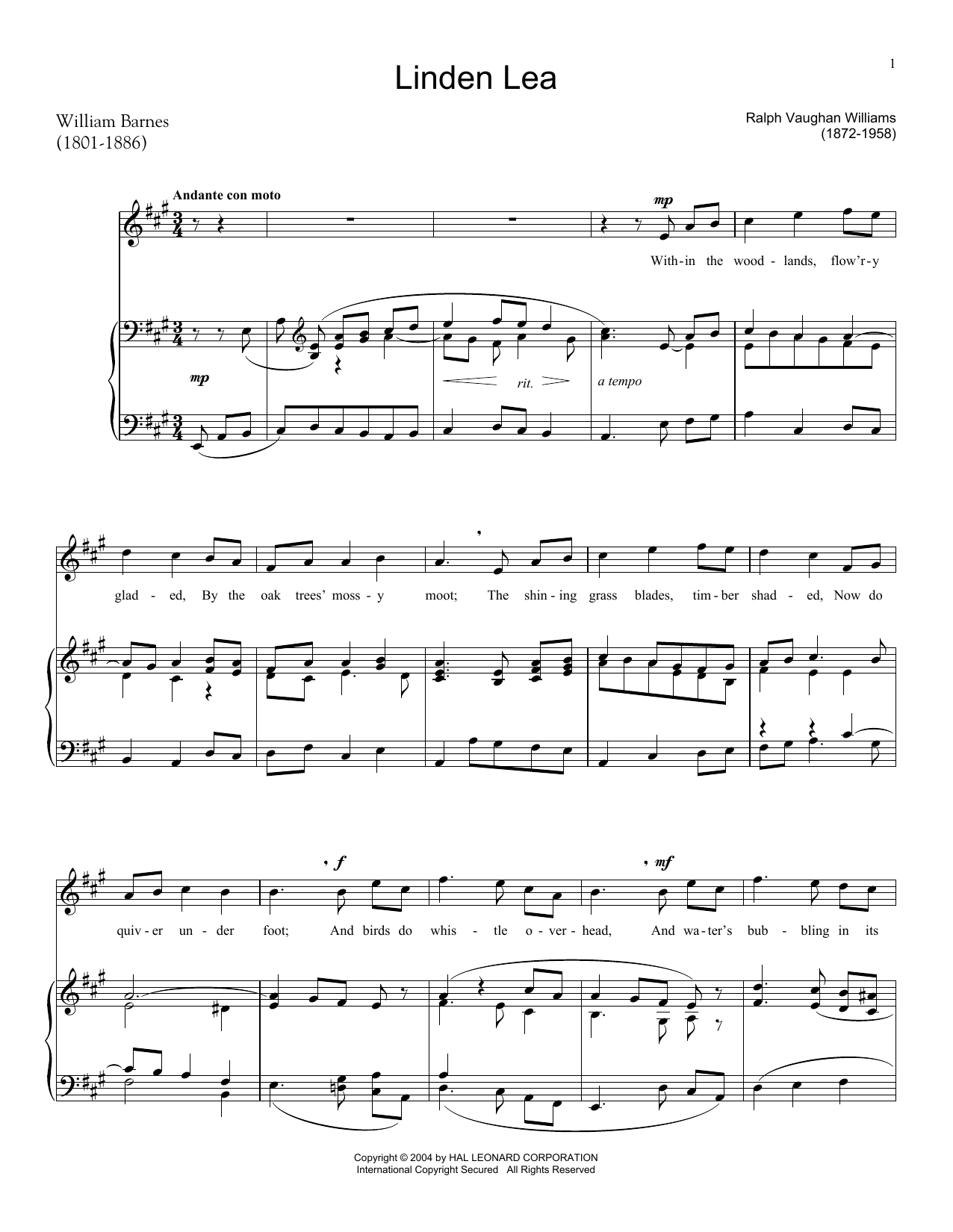 Ralph Vaughan Williams Linden Lea Sheet Music Notes & Chords for Piano & Vocal - Download or Print PDF