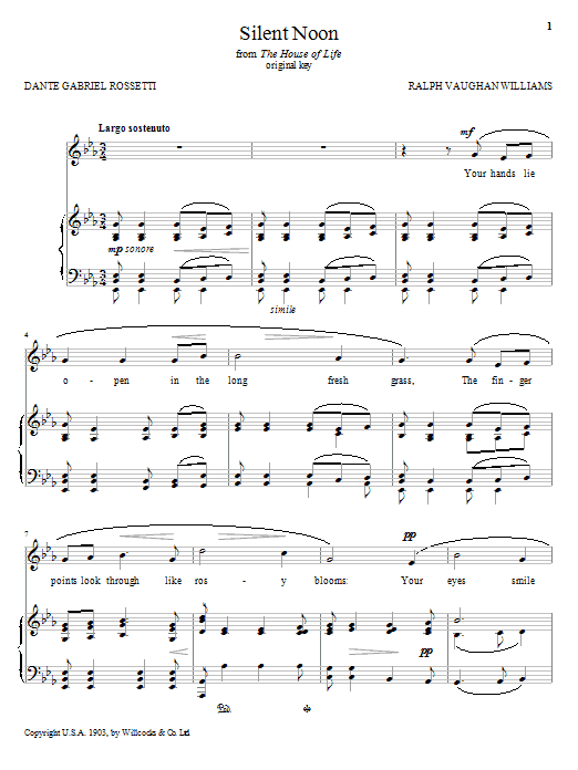 Ralph Vaughan Williams Silent Noon (Vaughan Williams) Sheet Music Notes & Chords for Piano, Vocal & Guitar (Right-Hand Melody) - Download or Print PDF