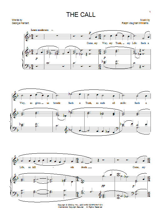 Ralph Vaughan Williams The Call Sheet Music Notes & Chords for Piano, Vocal & Guitar (Right-Hand Melody) - Download or Print PDF