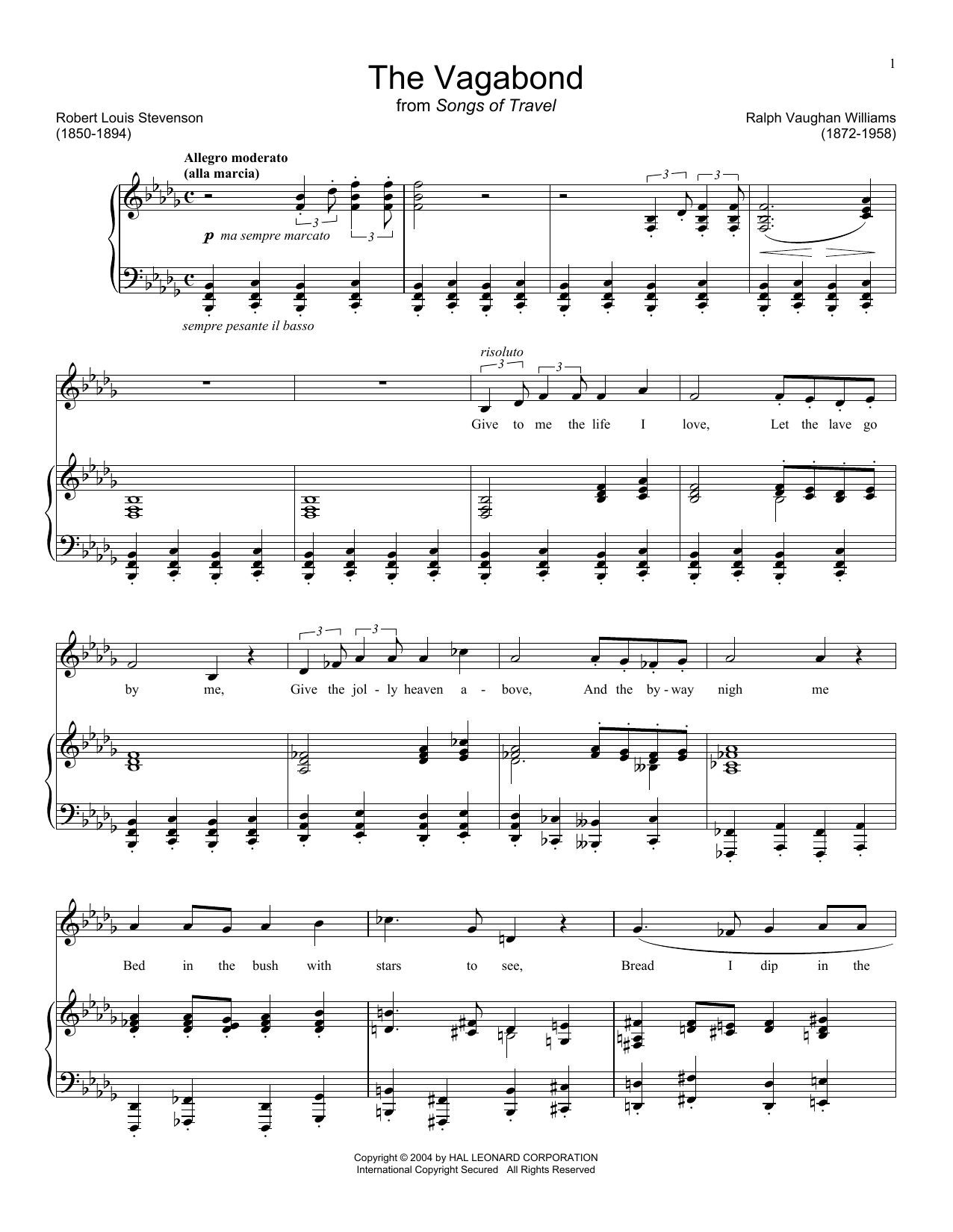 Ralph Vaughn Williams The Vagabond Sheet Music Notes & Chords for Piano & Vocal - Download or Print PDF