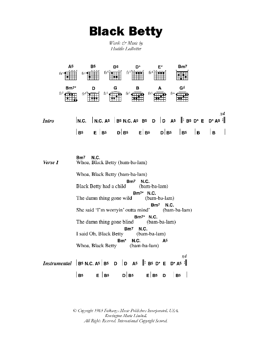 Ram Jam Black Betty Sheet Music Notes & Chords for Easy Guitar Tab - Download or Print PDF