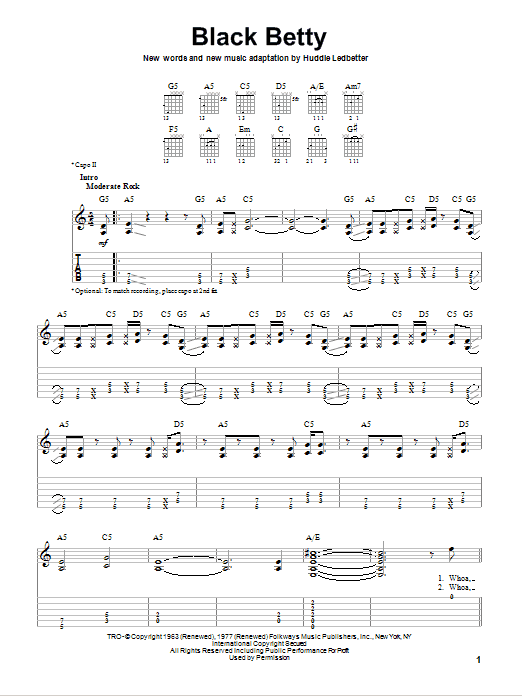 Ram Jam Black Betty Sheet Music Notes & Chords for Easy Guitar Tab - Download or Print PDF