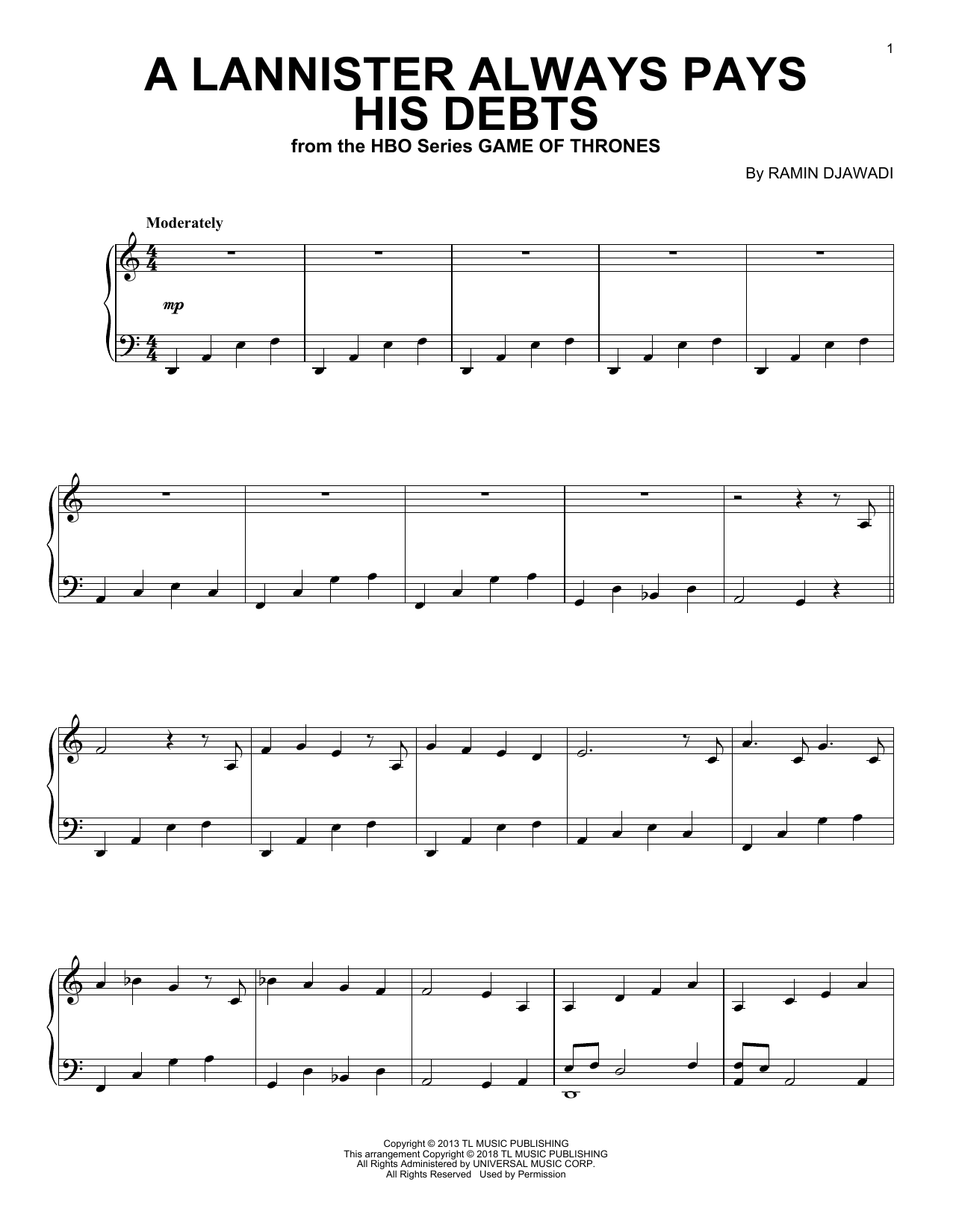 Ramin Djawadi A Lannister Always Pays His Debts (from Game of Thrones) Sheet Music Notes & Chords for Easy Piano - Download or Print PDF