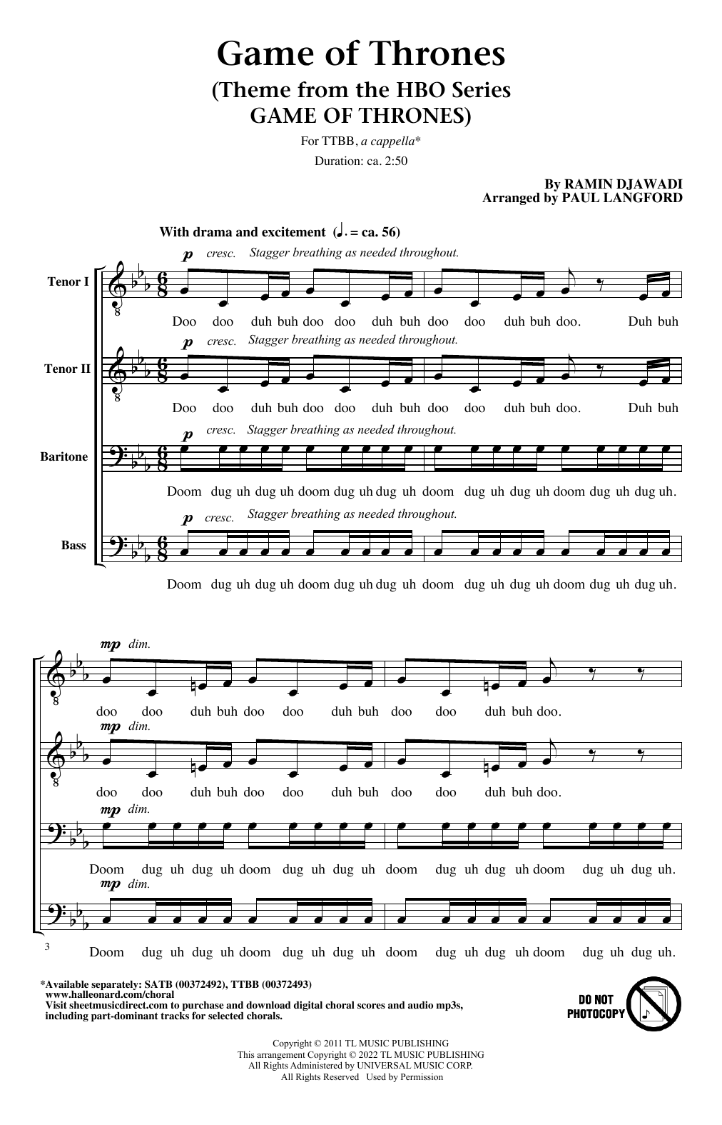 Ramin Djawadi Game Of Thrones (arr. Paul Langford) Sheet Music Notes & Chords for TTBB Choir - Download or Print PDF