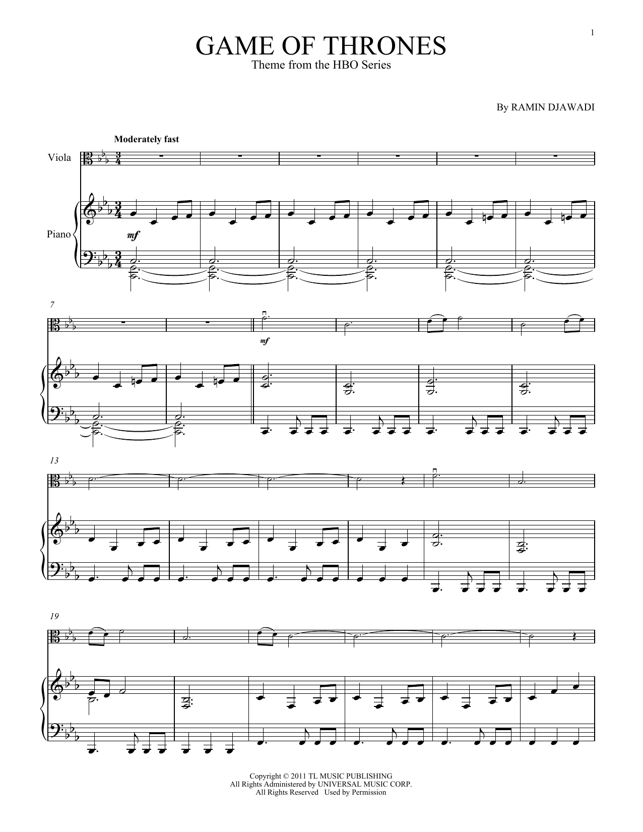 Ramin Djawadi Game Of Thrones Sheet Music Notes & Chords for Viola and Piano - Download or Print PDF