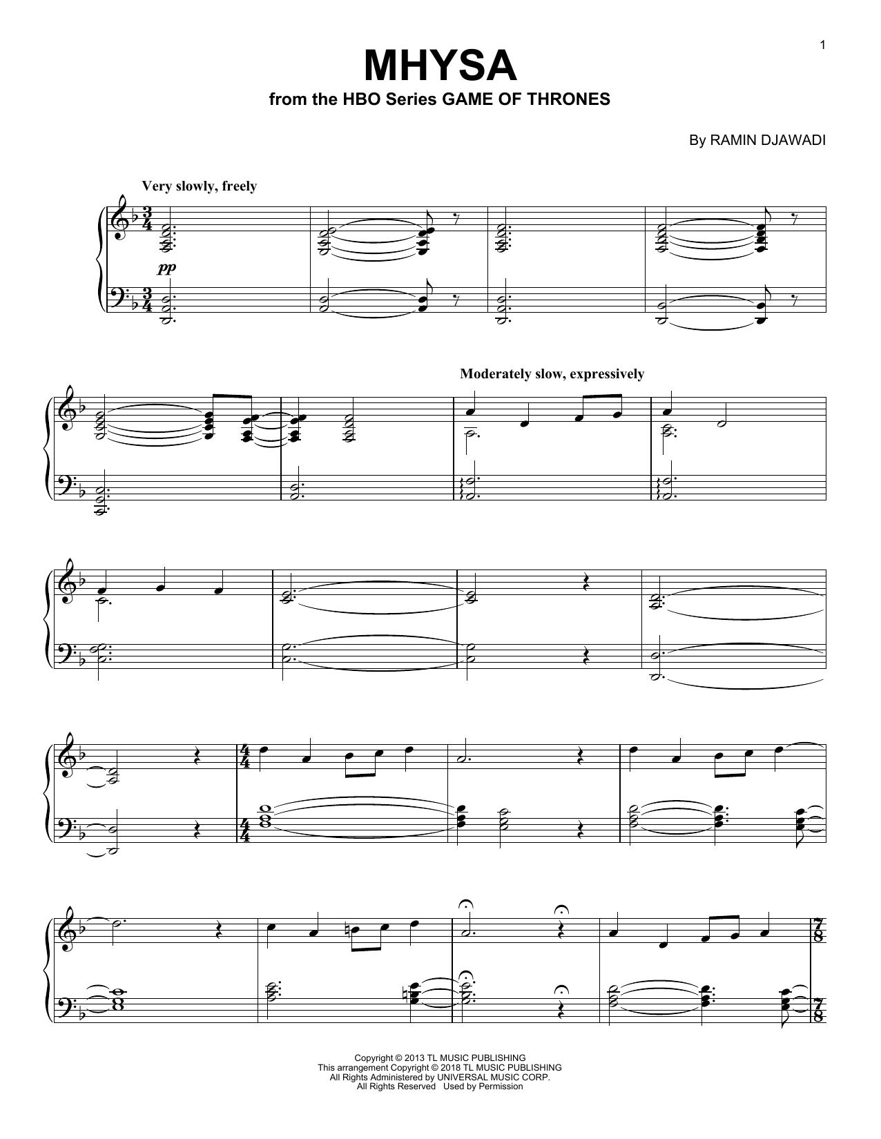 Ramin Djawadi Mhysa (from Game of Thrones) Sheet Music Notes & Chords for Piano - Download or Print PDF