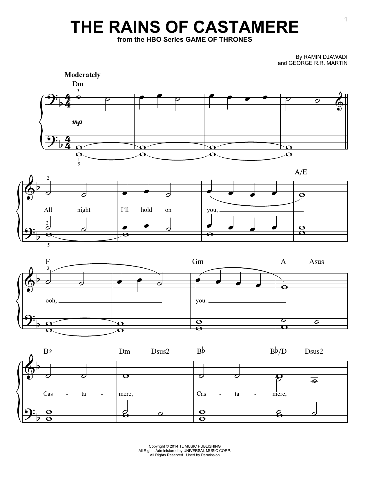 Ramin Djawadi The Rains Of Castamere (from Game of Thrones) Sheet Music Notes & Chords for Easy Piano - Download or Print PDF
