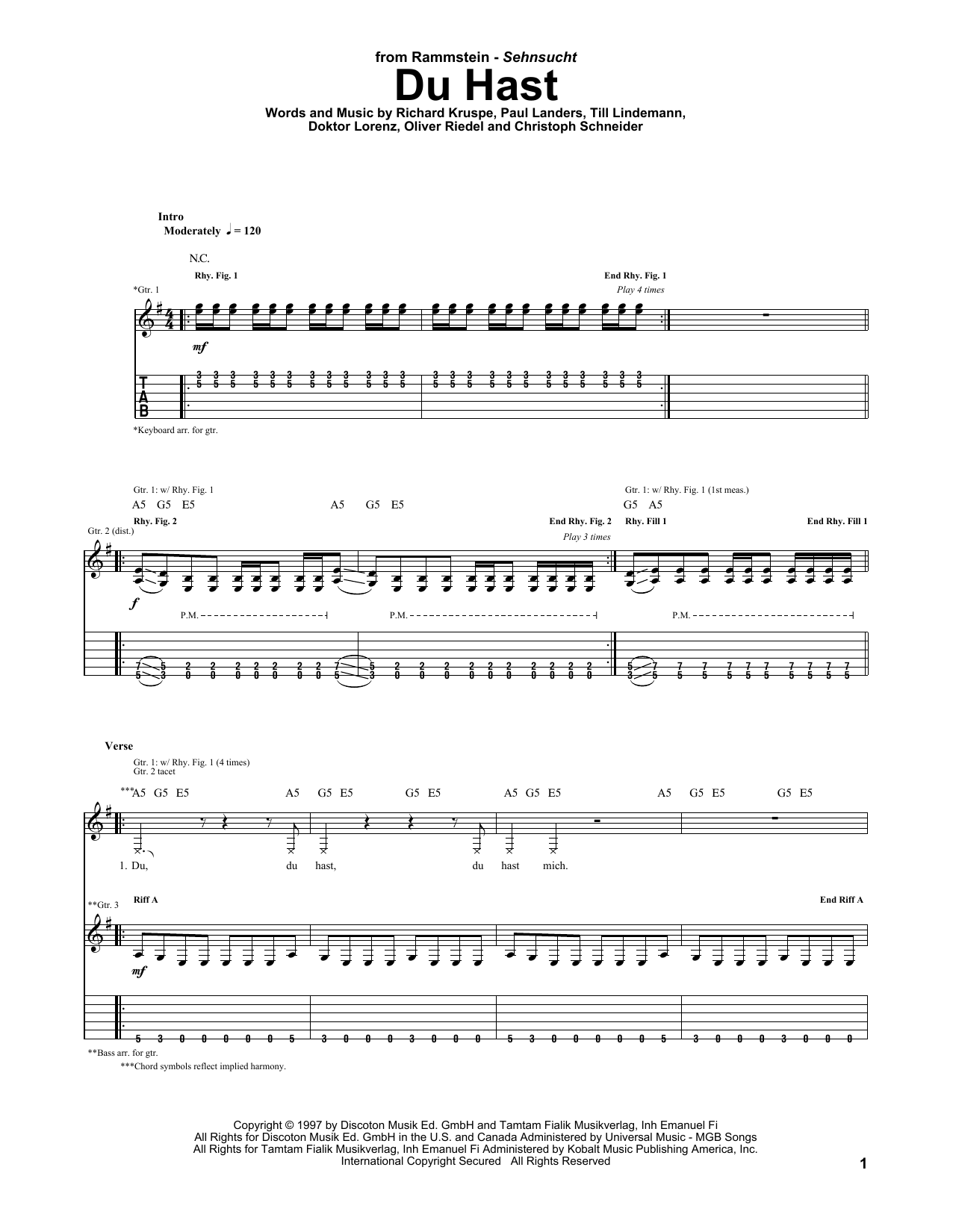 Rammstein Du Hast Sheet Music Notes & Chords for Guitar Tab - Download or Print PDF