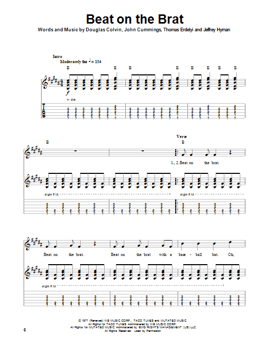 Ramones Beat On The Brat Sheet Music Notes & Chords for Guitar Tab Play-Along - Download or Print PDF