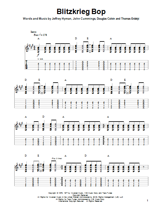 Ramones Blitzkrieg Bop Sheet Music Notes & Chords for Guitar Tab Play-Along - Download or Print PDF