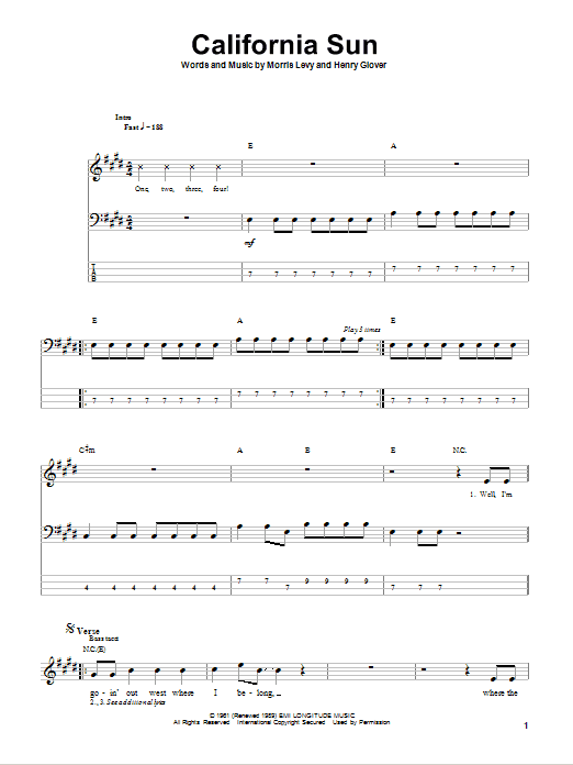 Ramones California Sun Sheet Music Notes & Chords for Bass Guitar Tab - Download or Print PDF