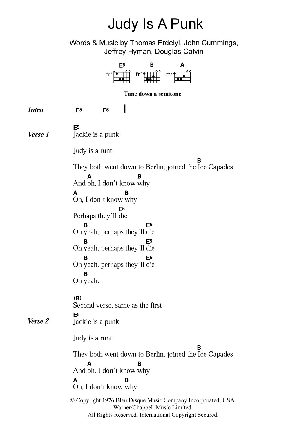 Ramones Judy Is A Punk Sheet Music Notes & Chords for Lyrics & Chords - Download or Print PDF