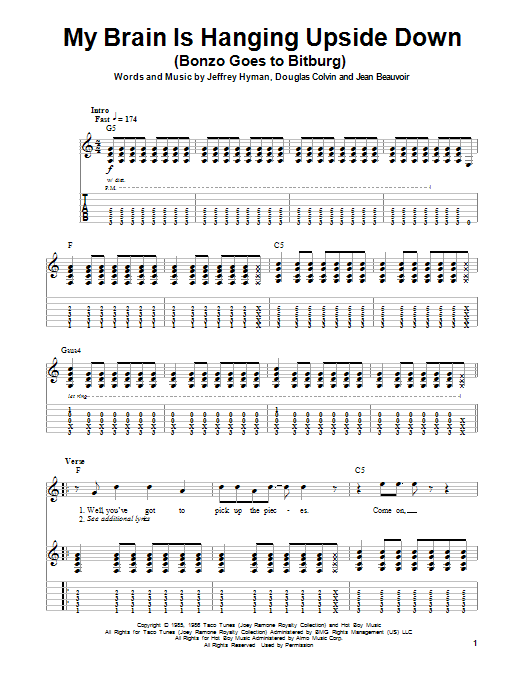 Ramones My Brain Is Hanging Upside Down (Bonzo Goes To Bitburg) Sheet Music Notes & Chords for Guitar Tab Play-Along - Download or Print PDF