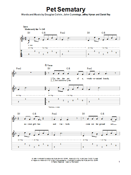 Ramones Pet Sematary Sheet Music Notes & Chords for Easy Guitar Tab - Download or Print PDF