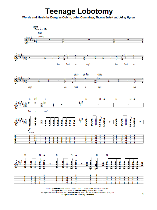 Ramones Teenage Lobotomy Sheet Music Notes & Chords for Lyrics & Chords - Download or Print PDF
