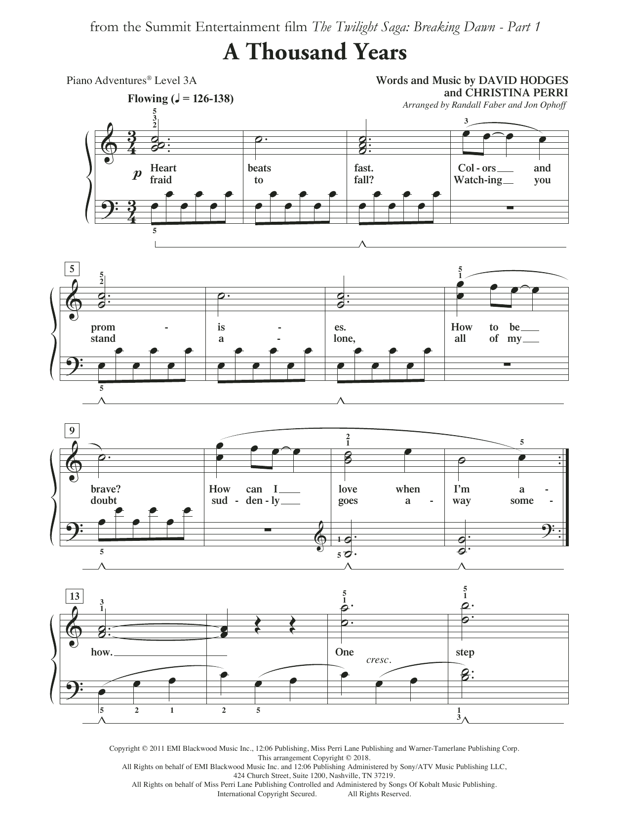 Randall Faber & Jon Ophoff A Thousand Years Sheet Music Notes & Chords for Piano Adventures - Download or Print PDF