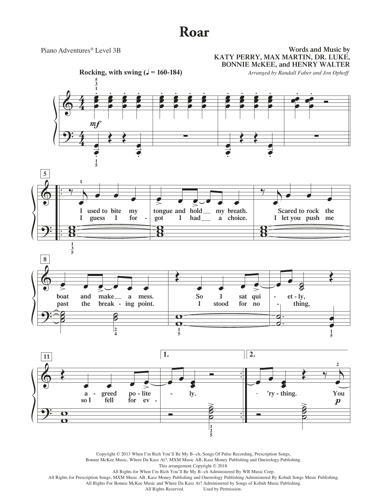 Randall Faber & Jon Ophoff Roar Sheet Music Notes & Chords for Piano Adventures - Download or Print PDF