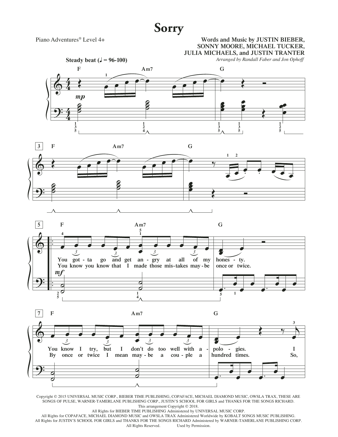 Randall Faber & Jon Ophoff Sorry Sheet Music Notes & Chords for Piano Adventures - Download or Print PDF