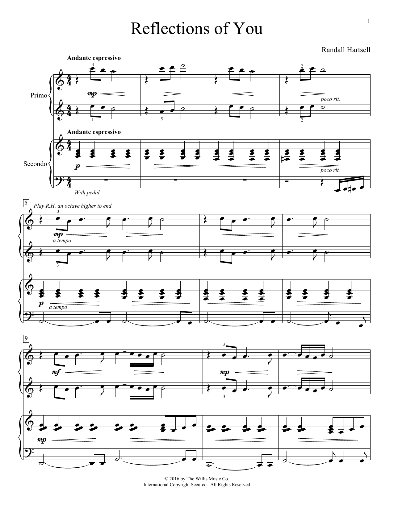 Randall Hartsell Reflections Of You Sheet Music Notes & Chords for Piano Duet - Download or Print PDF