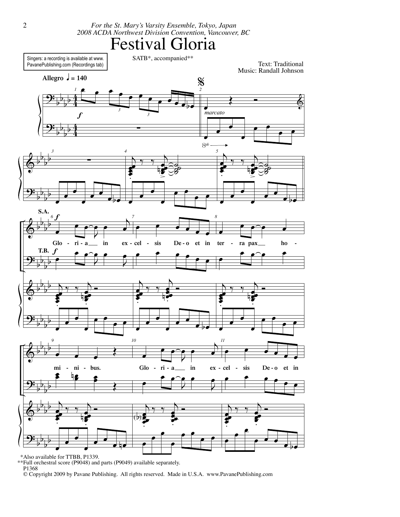 Randall Johnson Festival Gloria Sheet Music Notes & Chords for TTBB Choir - Download or Print PDF
