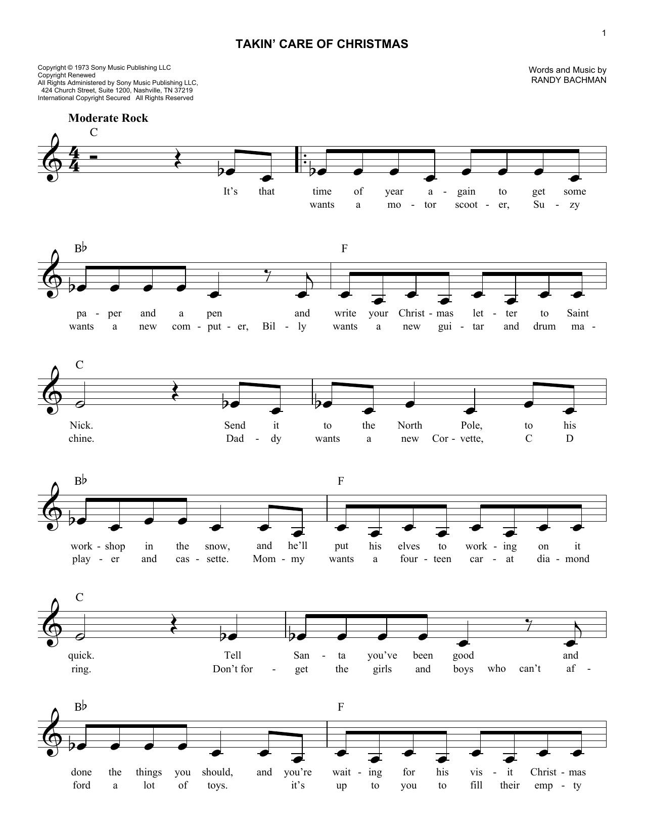 Randy Bachman Takin' Care Of Christmas Sheet Music Notes & Chords for Lead Sheet / Fake Book - Download or Print PDF