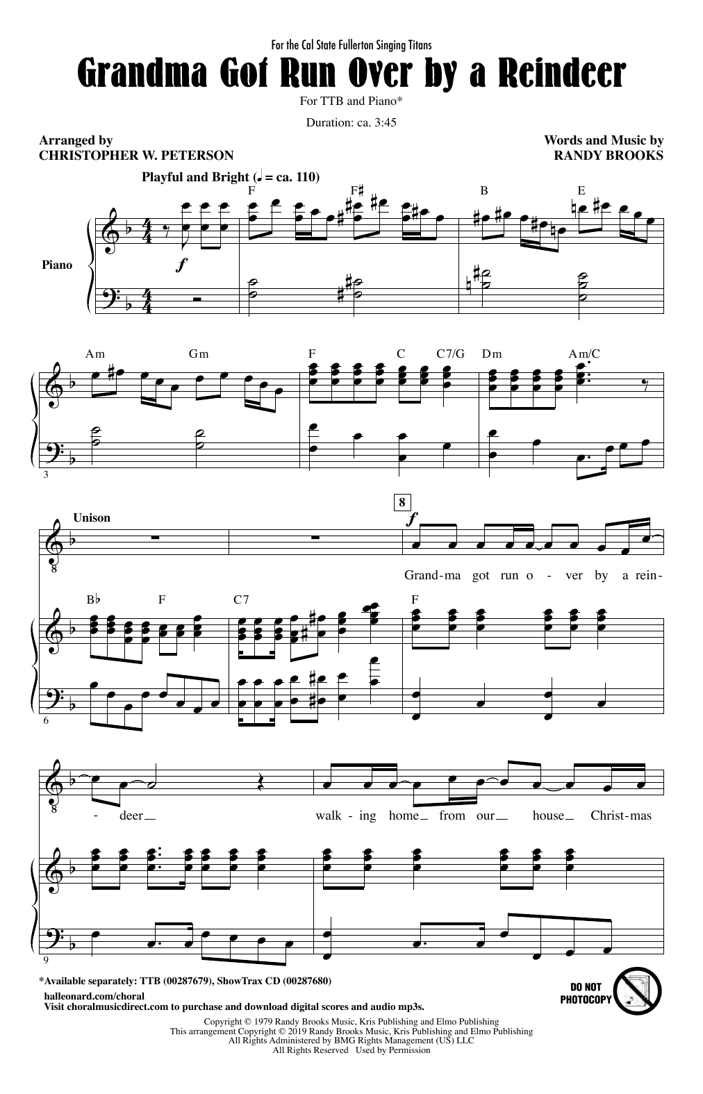 Randy Brooks Grandma Got Run Over By A Reindeer (arr. Christopher Peterson) Sheet Music Notes & Chords for TTBB Choir - Download or Print PDF