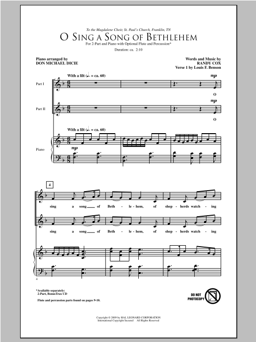 Randy Cox O Sing A Song Of Bethlehem Sheet Music Notes & Chords for 2-Part Choir - Download or Print PDF