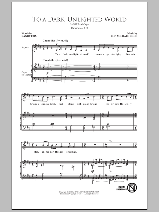 Randy Cox To A Dark Unlighted World Sheet Music Notes & Chords for SATB - Download or Print PDF