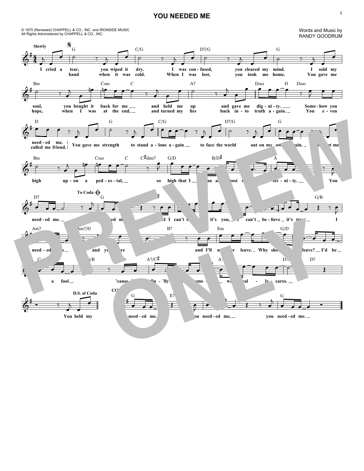 Randy Goodrum You Needed Me Sheet Music Notes & Chords for Lead Sheet / Fake Book - Download or Print PDF