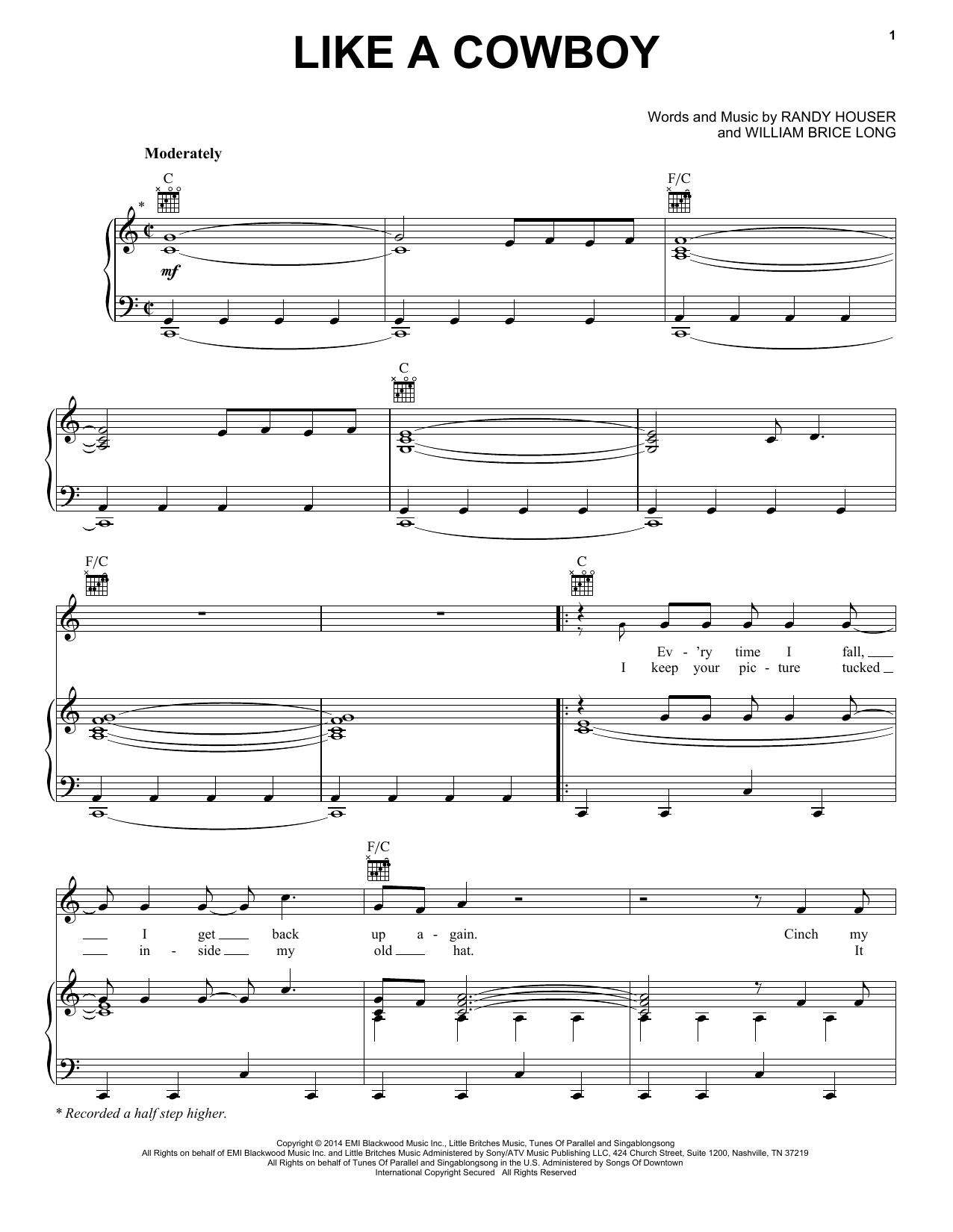 Randy Houser Like A Cowboy Sheet Music Notes & Chords for Piano, Vocal & Guitar (Right-Hand Melody) - Download or Print PDF