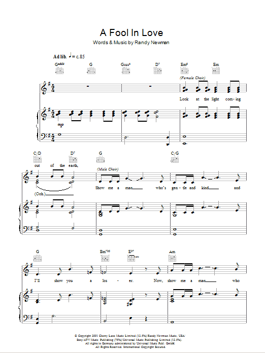 Randy Newman A Fool In Love Sheet Music Notes & Chords for Piano, Vocal & Guitar (Right-Hand Melody) - Download or Print PDF