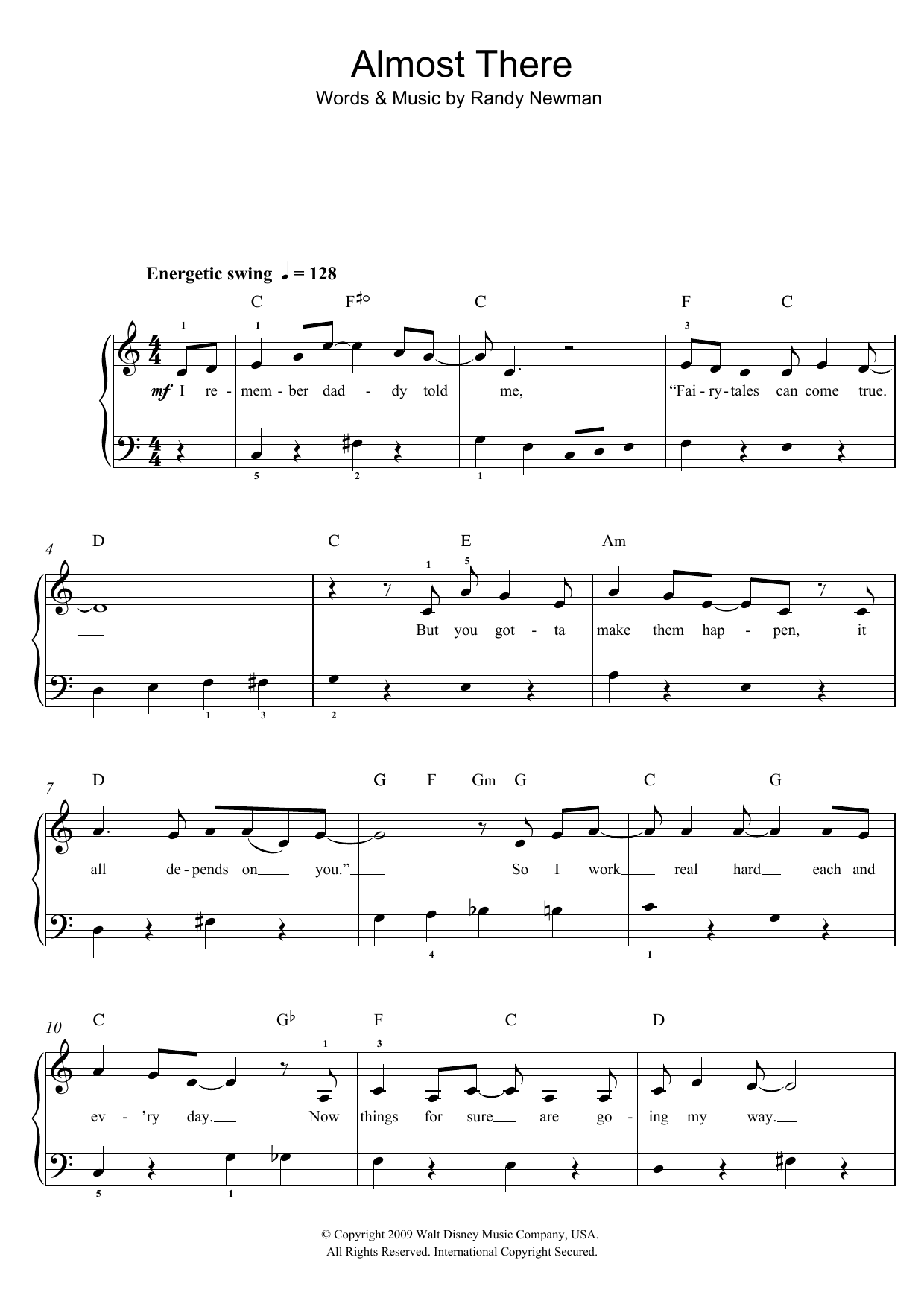 Randy Newman Almost There (from The Princess and the Frog) Sheet Music Notes & Chords for Beginner Piano - Download or Print PDF