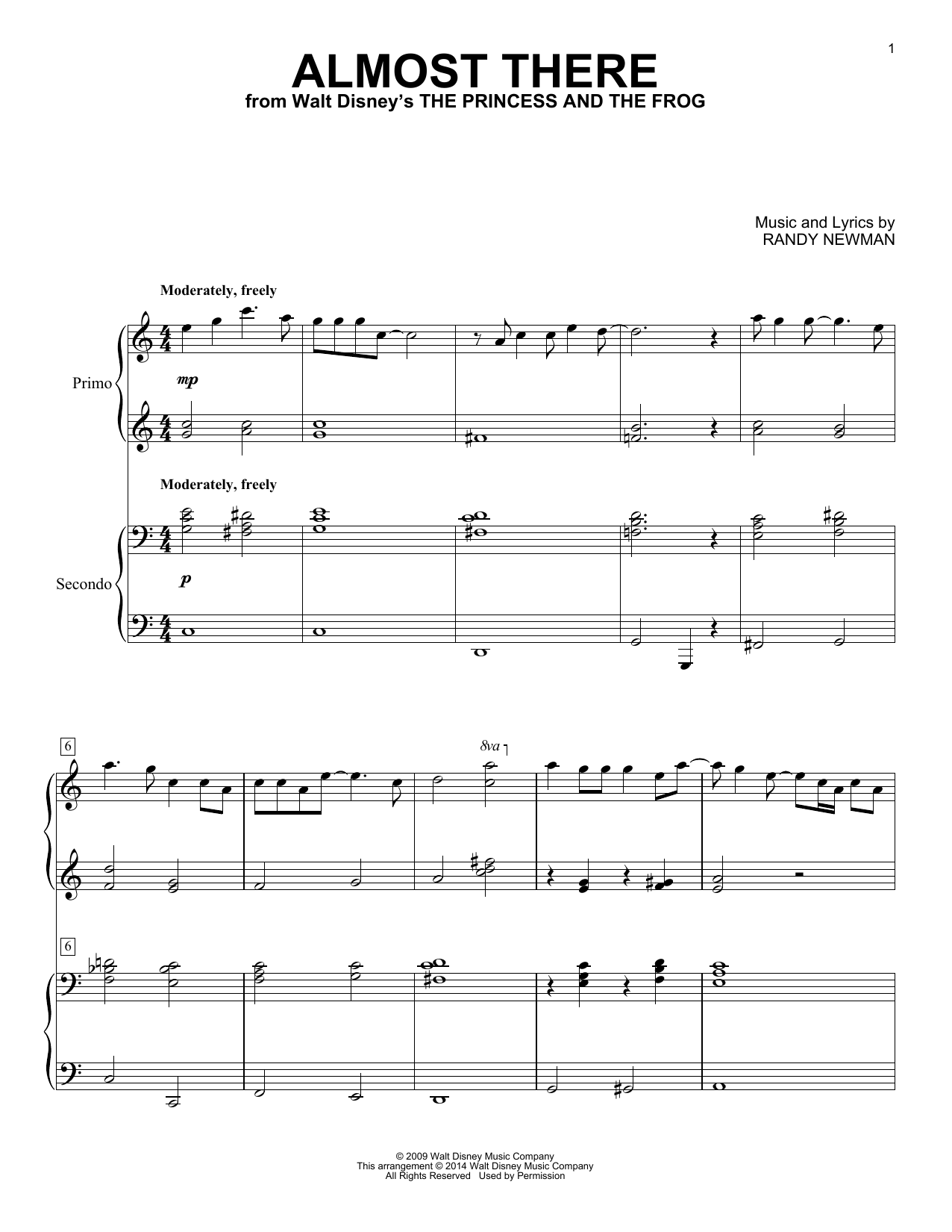 Randy Newman Almost There Sheet Music Notes & Chords for Piano Duet - Download or Print PDF
