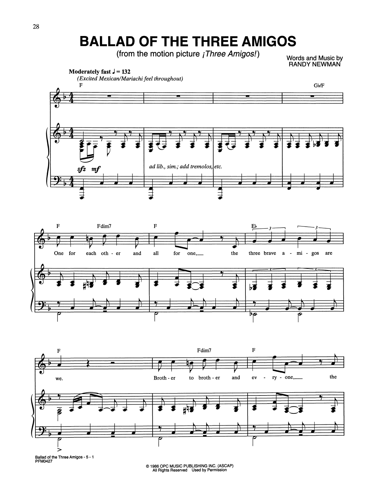 Randy Newman Ballad Of The Three Amigos (from Three Amigos!) Sheet Music Notes & Chords for Piano & Vocal - Download or Print PDF