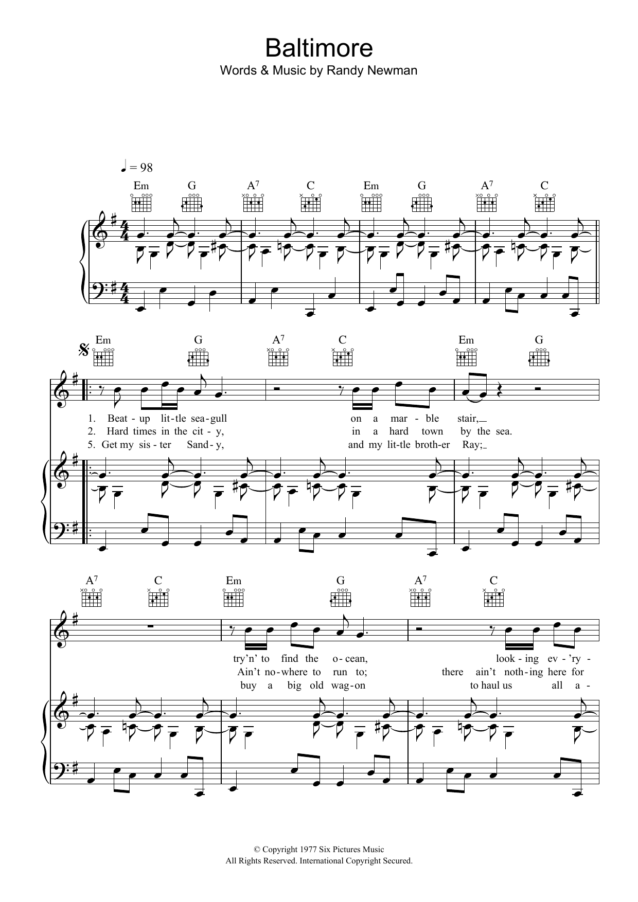 Randy Newman Baltimore Sheet Music Notes & Chords for Piano, Vocal & Guitar - Download or Print PDF